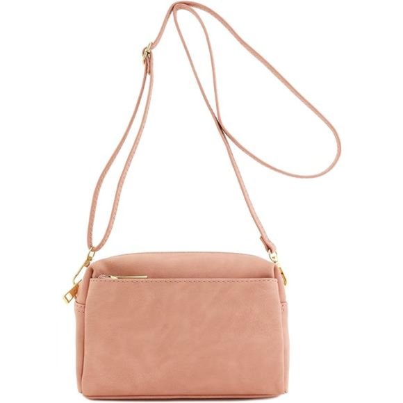 Cute Pink Womens Vegan Leather Triple Zip Small Crossbody Bag - Picture 1 of 6